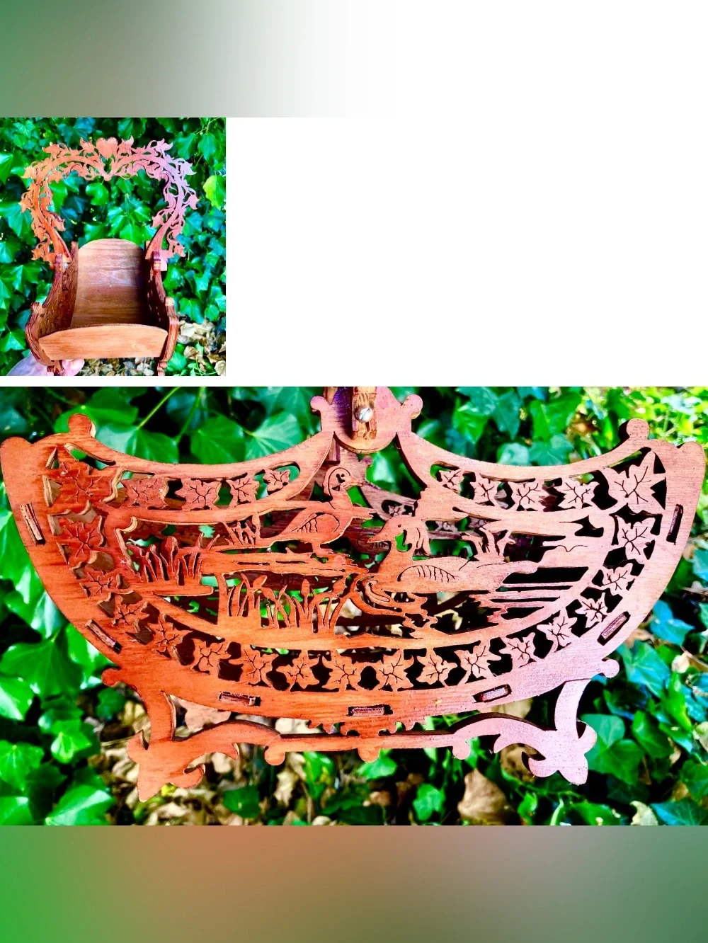 Vintage Hand Carved Ornate Wooden Cradle/Basket Ducks & Leaves/Heart Handle